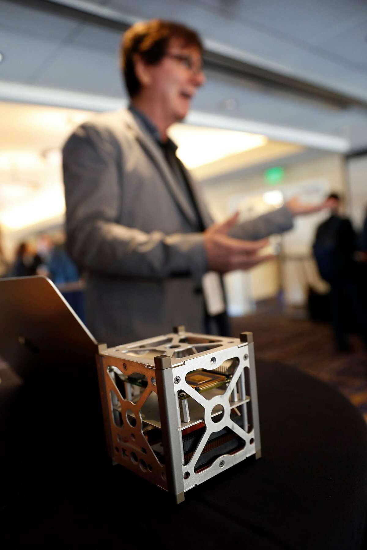 Vorago Technologies' Clark Senders discusses the company's cube satellite during Space Technology & Investment Forum Startup Showcase at JW Marriott Union Square in San Francisco, Calif. on Wednesday, August 30, 2017.