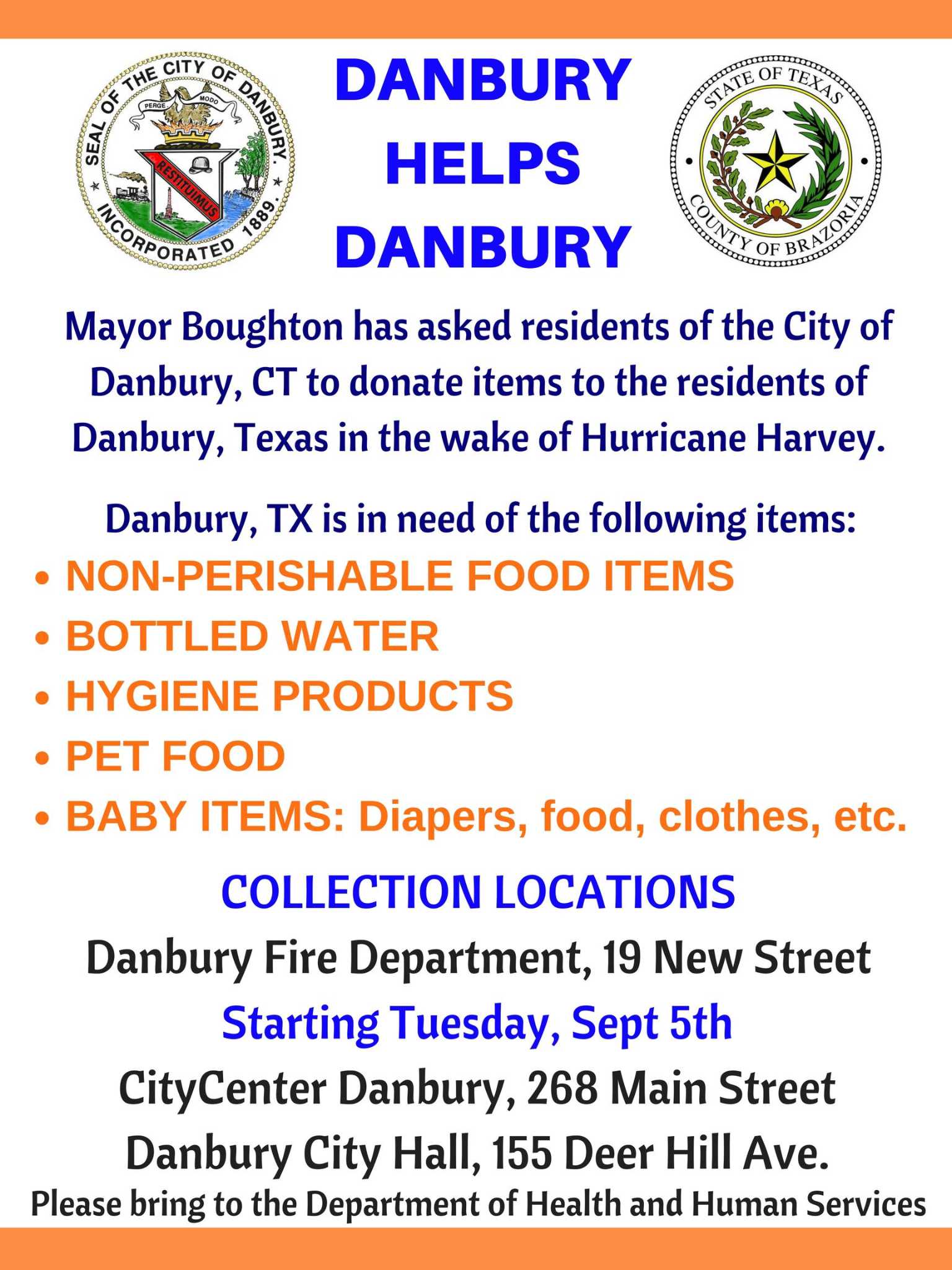 Danbury (Connecticut) to help Danbury (Texas) with disaster relief