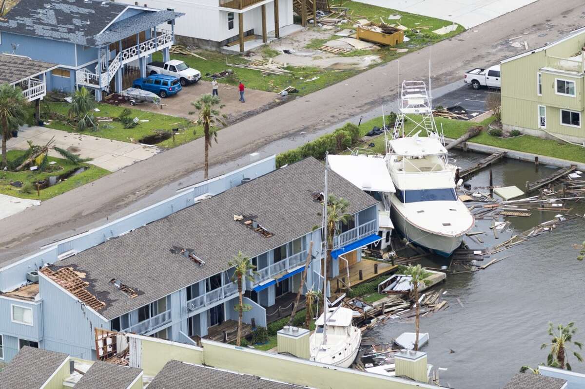 Aerial photography of Hurricane Harvey damage at Port Aransas, Texas, August 28, 2017. Hurricane Harvey formed in the Gulf of Mexico and made landfall in southeastern Texas, bringing record flooding and destruction to the region. U.S. military assets supported FEMA as well as state and local authorities in rescue and relief efforts. (U.S. Army National Guard photo by Sgt. 1st Class Malcolm McClendon).
