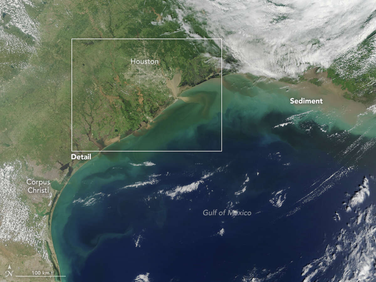Harvey flooding from the air NASA Terra satellite images captured August 31, 2017, showing Harvey flood waters pouring back into the Gulf of Mexico. See Satellite photos of the Houston area that show extreme damage.