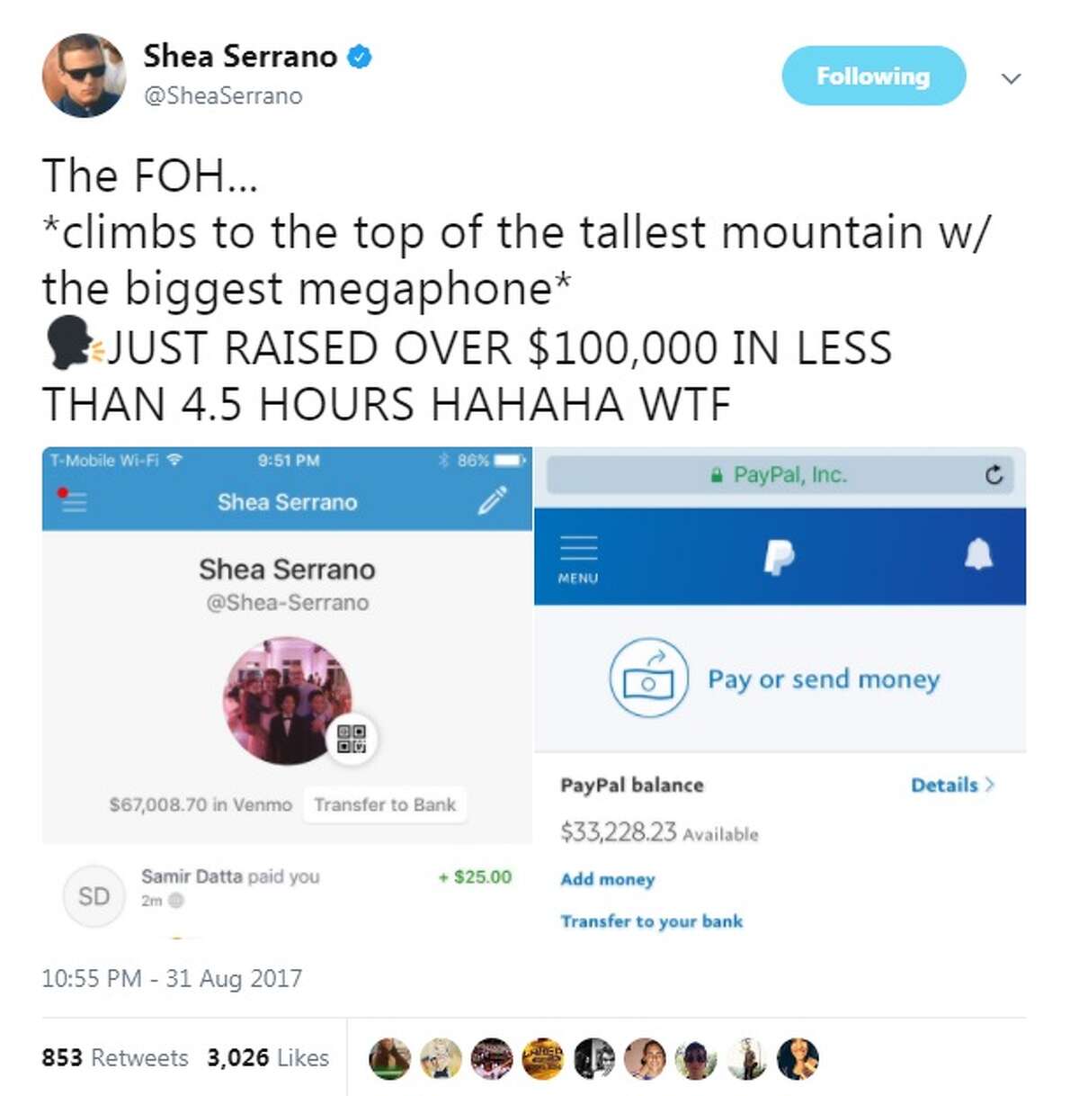 Shea Serrano's tweets during and after Hurricane Harvey, which helped people be rescued and raised money for victims. 