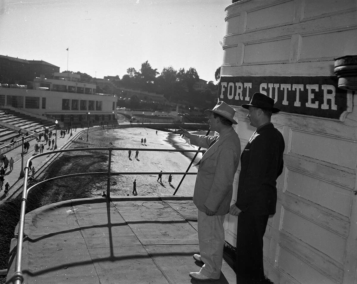 The former riverboat Fort Sutter, owned by Barney Gould arrives at Aquatic Park, February 15, 1953 Gould is accompanied by Tom Anderson
