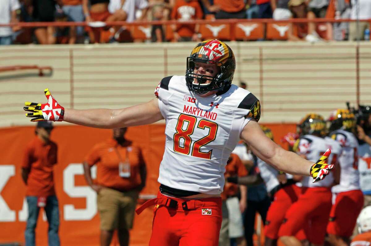 Maryland tight end Michael Wilson celebrates Maryland's first touchdown during the first half of an NCAA college football game against Texas, Saturday, Sept. 2, 2017, in Austin, Texas. (AP Photo/Michael Thomas)