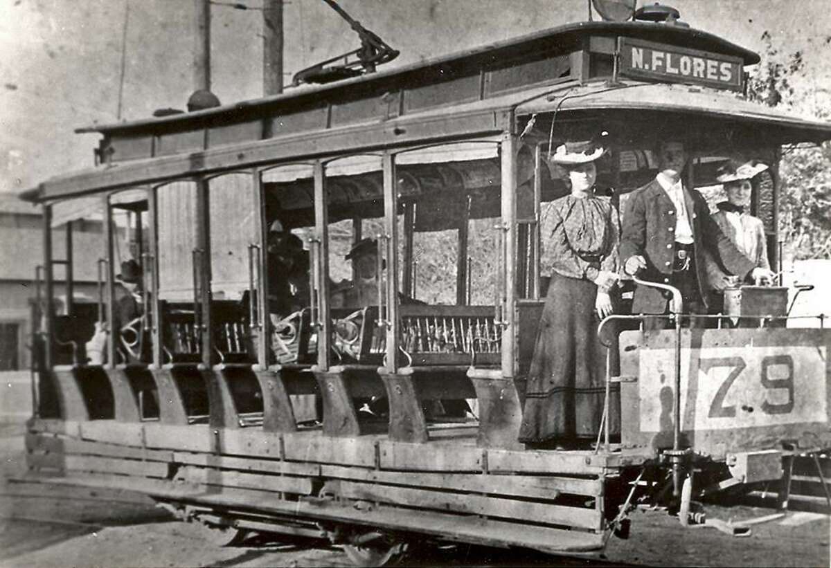An 1890s San Antonio streetcar with shades to protect passengers from the sun. Early San Antonio streetcar companies had open cars for use in the summer and enclosed cars for the winter.