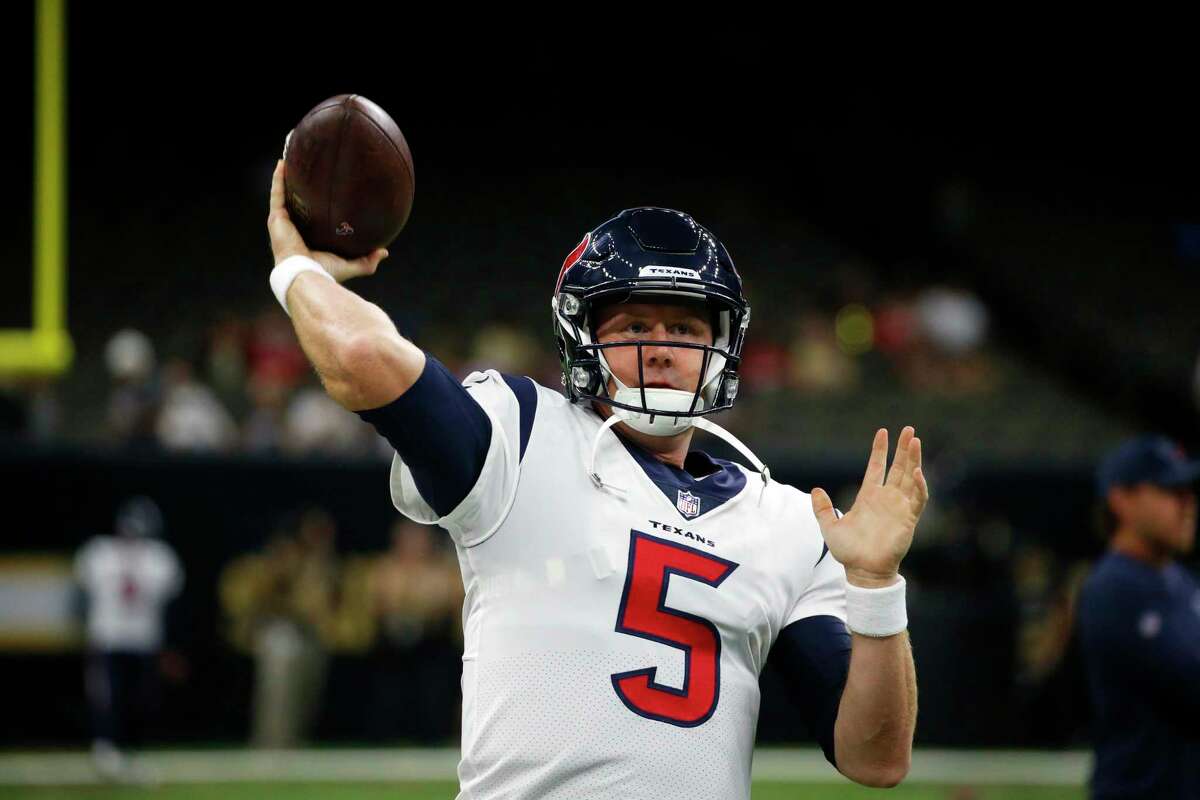 Houston Texans quarterback Brandon Weeden (5) warms up before a preseason NFL football game against the New Orleans Saints in New Orleans, Saturday, Aug. 26, 2017. (AP Photo/Butch Dill)