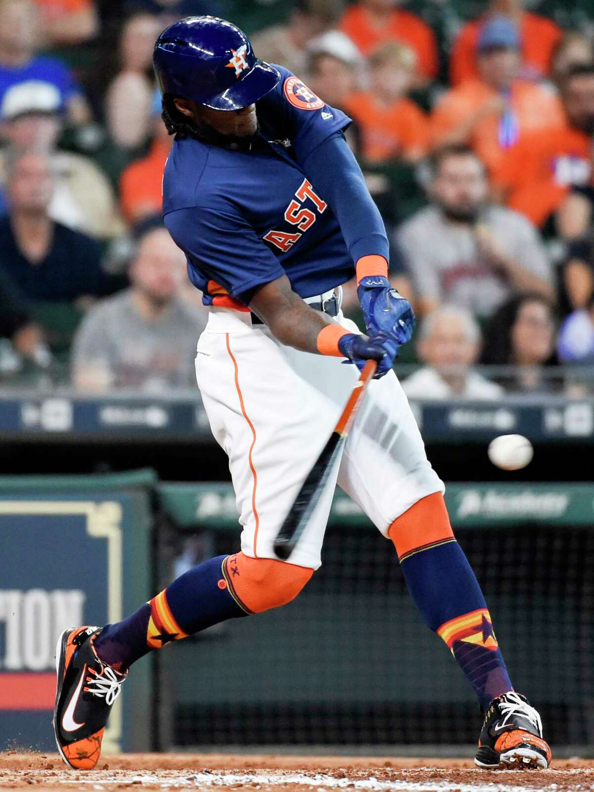 Houston Astros' Cameron Maybin hits a three-run home run off New York Mets starting pitcher Chris Flexen during the third inning of a baseball game, Sunday, Sept. 3, 2017, in Houston. (AP Photo/Eric Christian Smith)