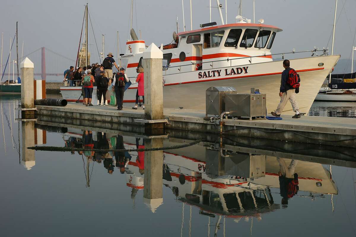People go onboard the Salty Lady for a whale watching trip on Saturday, Sept. 2, 2017, in San Francisco, Calif.