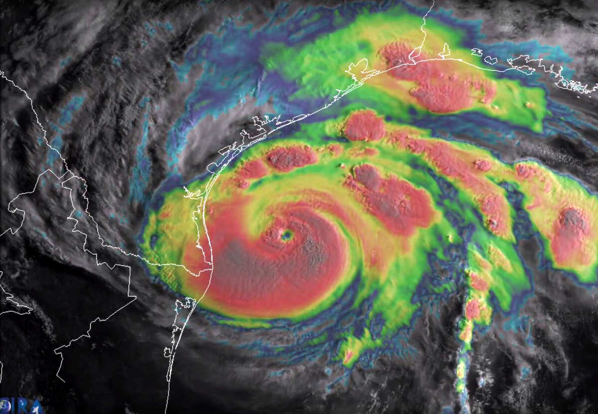 This August 25, 2017, blended visible/infrared image of Hurricane Harvey obtained from The National Oceanic and Atmospheric Administration shows the storms eye as it nears landfall in the southeastern coast of Texas. Harvey has intensified into a powerful category three storm, US meteorologists said on August 25, as the Gulf Coast states of Texas and Louisiana braced for the first major hurricane to hit land since 2005. Harvey, which is set to make landfall late Friday into early Saturday, was packing maximum sustained winds of close to 120 miles (195 kilometers) per hour, the National Hurricane Center said. / AFP PHOTO / NOAA / HO / RESTRICTED TO EDITORIAL USE - MANDATORY CREDIT "NOAA" - NO MARKETING NO ADVERTISING CAMPAIGNS - DISTRIBUTED AS A SERVICE TO CLIENTS HO/AFP/Getty Images