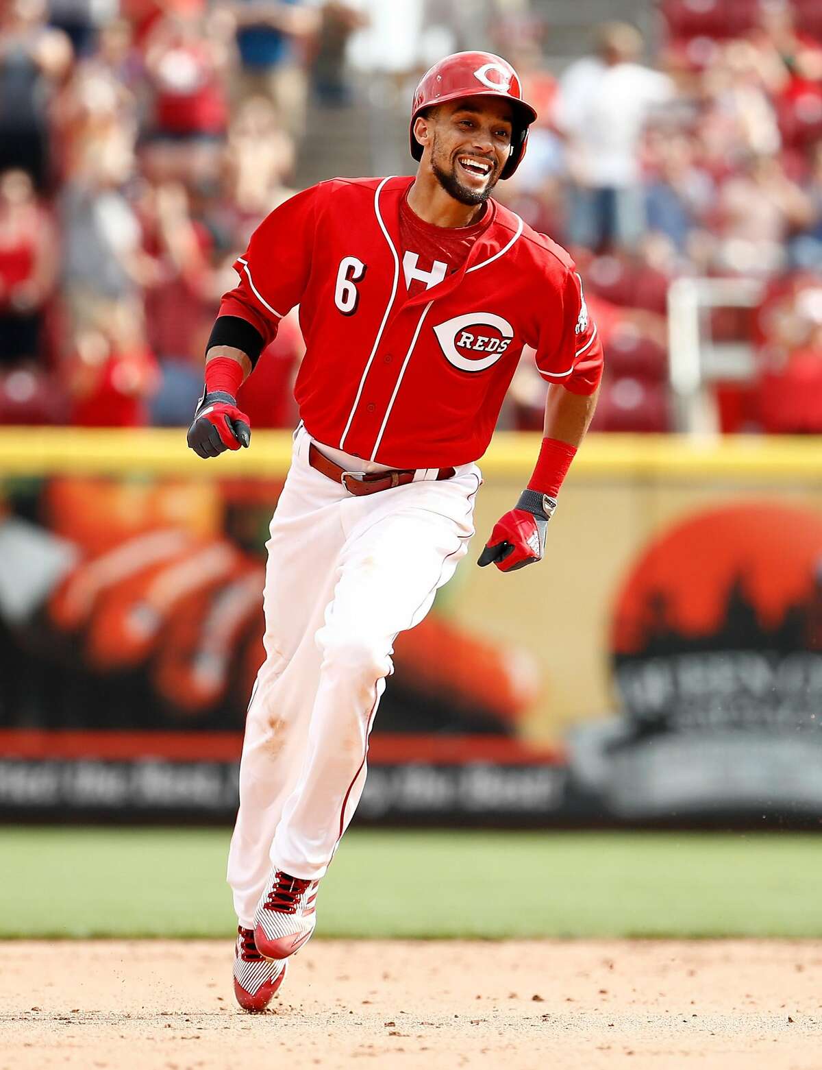 CINCINNATI, OH - SEPTEMBER 04: Billy Hamilton #6 of the Cincinnati Reds celebrates after hitting the game winning home run in the 9th inning against the Milwaukee Brewers at Great American Ball Park on September 4, 2017 in Cincinnati, Ohio. The Reds won 5-4. (Photo by Andy Lyons/Getty Images)
