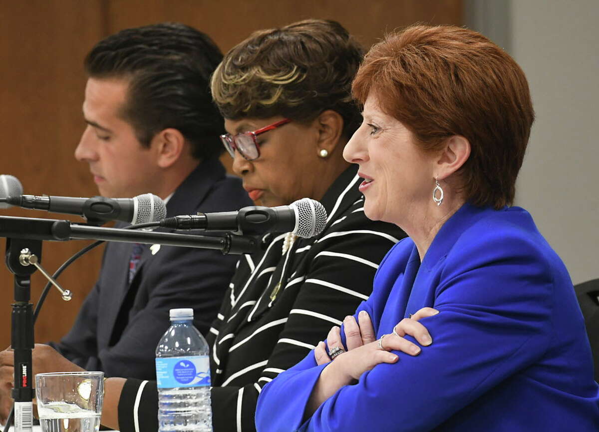 Councilman Frank Commisso Jr., left, Council President Carolyn McLaughlin, center, and incumbent Mayor Kathy Sheehan participate in Albany's Democratic mayoral candidate debate at the Hearst Media Center on Tuesday Aug. 29, 2017 in Colonie, N.Y. (Lori Van Buren / Times Union)