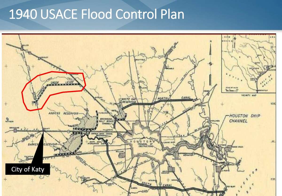 Congressman Michael T. McCaul (TX-10) is working with officials in Katy toward finding a solution to flooding from the Cypress watershed that includes construction of a levee. A 1940s map by the Civil Engineer Corps launched to build infrastructure shows the Barker and Addicks reservoirs as well as a levee for Cypress Creek.
