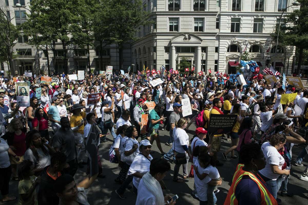Hundreds of people take to the streets to protest President Trump's decision to end the Deferred Action for Childhood Arrivals, or DACA, opening up hundreds of thousands of immigrants who were brought to the United States when they were children for deportation in Washington, United States on September 05, 2017.