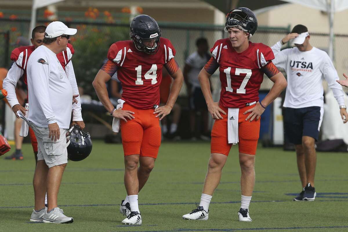 UTSA quarterbacks Dalton Sturm (left, #14) and Bryce Rivers (right, #17) practice Tuesday August 15, 2017 at UTSA. The Roadrunners play their first game of the season against the University of Houston this September.