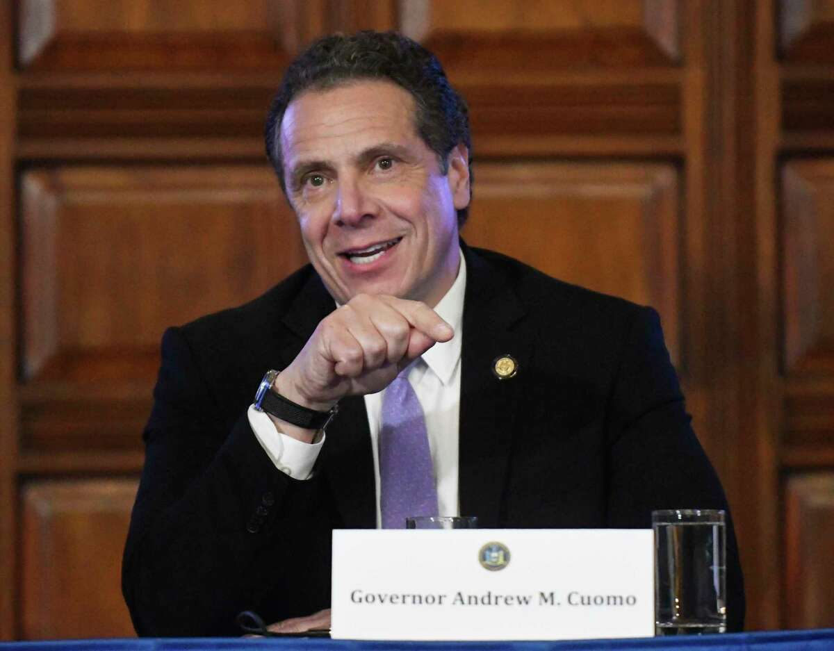 FILE - In this Tuesday, Feb. 28, 2017, file photo, New York Gov. Andrew Cuomo speaks during a cabinet meeting in the Red Room at the Capitol in Albany, N.Y. Cuomo is set to appear at the future home of the National Comedy Center two days after he joked that millions in additional funding would be available for struggling cities. (AP Photo/Hans Pennink, File) ORG XMIT: NYHK401