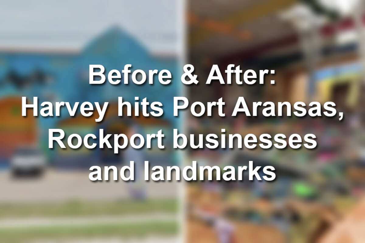 Startling before and after photos show Harvey's damage at easily recognizable businesses and landmarks in the coastal towns of Port Aransas and Rockport just days after the storm hit.