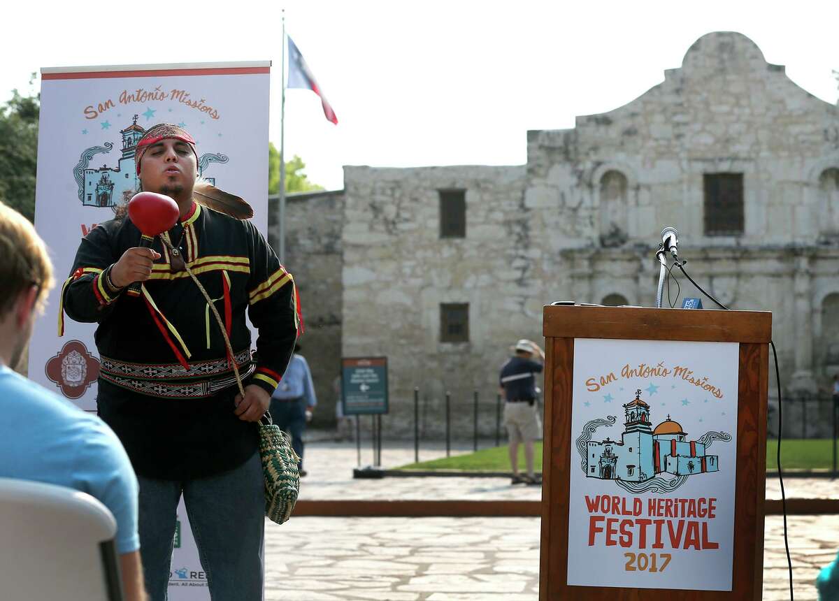 Ramon Vasquez IV (left) with American Indians in Texas at the Spanish Colonial Missions sings in a 2017 event at the Alamo to kick off of the second annual World Heritage Festival. Because of the pandemic, this year’s festival will feature virtual activities and events using social-distancing practices to celebrate the San Antonio Missions, the only UNESCO World Heritage Site in Texas.
