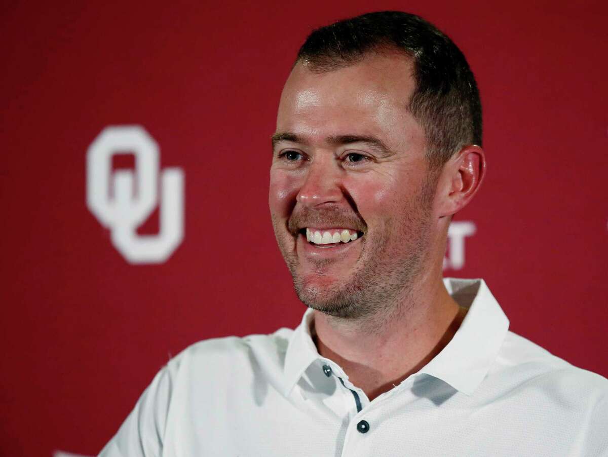 FILE - In this Saturday, Aug. 5, 2017 file photo, Oklahoma head coach Lincoln Riley smiles as he answers a question during an NCAA college football media day in Norman, Okla. Riley is just 33 years old, and the schedule doesn't care. Two games into his head coaching career, he'll take the fifth-ranked Sooners into Columbus to face No. 2 Ohio State. (AP Photo/Sue Ogrocki, File)