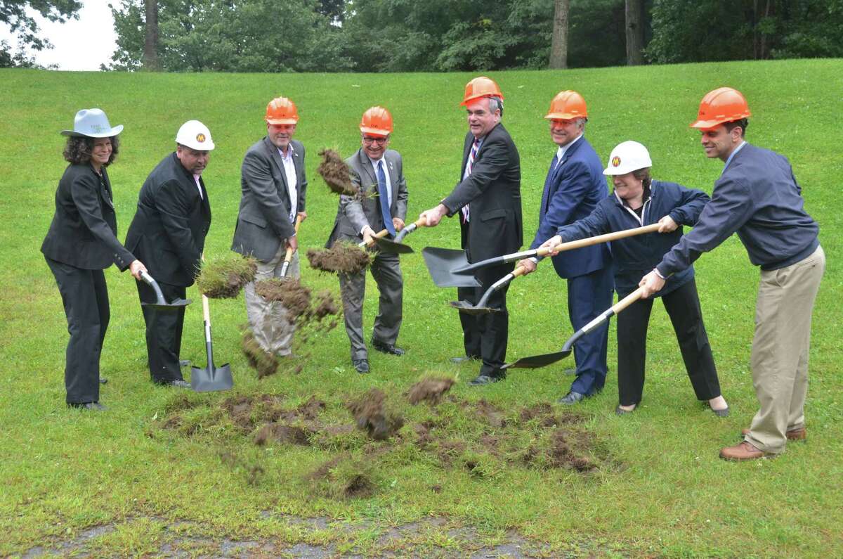 Ground is broken on Sept. 7, 2017, for improvements to the Music Haven stage in Schenectady's Central Park. From left are Mary Moore Wallinger of LandArtStudio; Rich Patierne of Schenectady's Recreational Advisory Commission; Dan Deats of CHA; state Sen. James Tedisco; Schenectady Mayor Gary McCarthy; Assemblyman Phil Steck; Mona Golub, Music Haven producing artistic director; and Assemblyman Angelo Santabarbara.