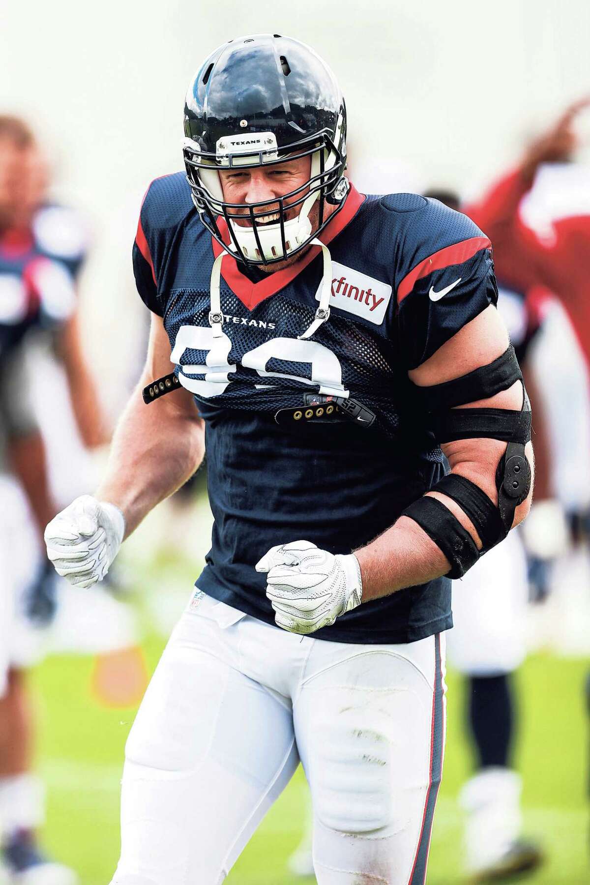 Houston Texans defensive end J.J. Watt (99) yells at the end of a drill during training camp at the Greenbrier on Saturday, July 29, 2017, in White Sulphur Springs, W.Va. ( Brett Coomer / Houston Chronicle )
