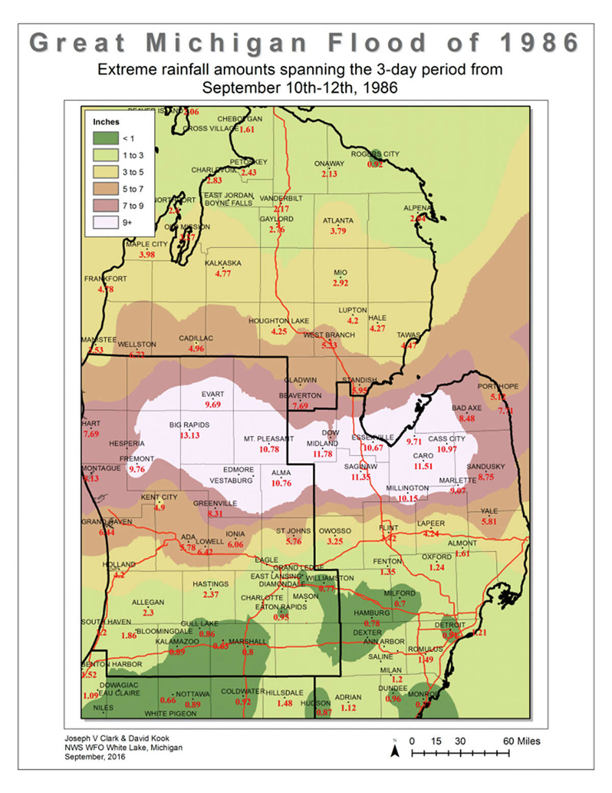 Great Michigan Flood of 1986: Extreme rainfall amounts spanning the three-day period from Sept. 10-12.