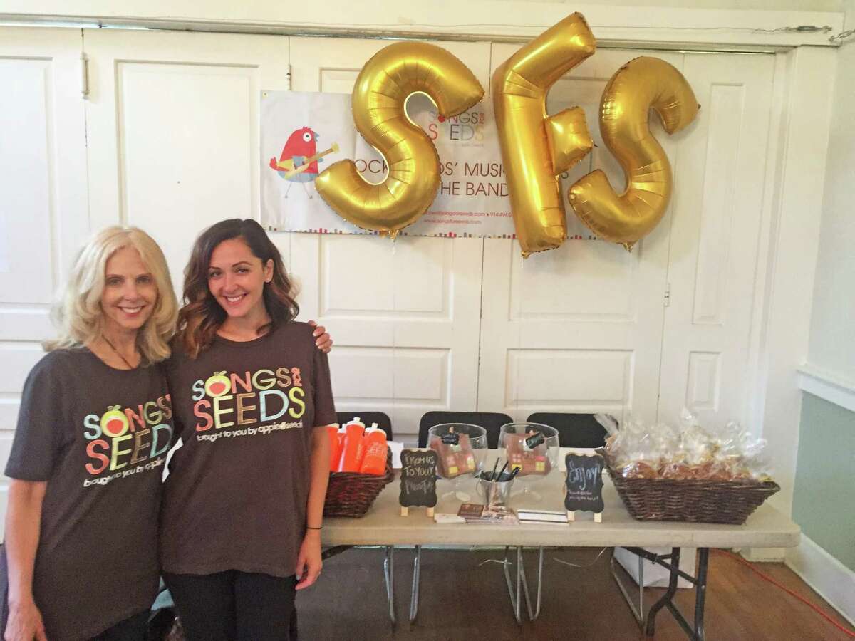 Songs For Seeds, New York City-based musical education courses, franchise owner Courtney Fischer-Karasin (right) poses with her mother Sharon Barnett-Fischer while welcoming students to the newest outpost of Songs For Seeds classes on Thursday, Sept. 7, 2017, at Darien's First Congregational Church in Darien, Conn.
