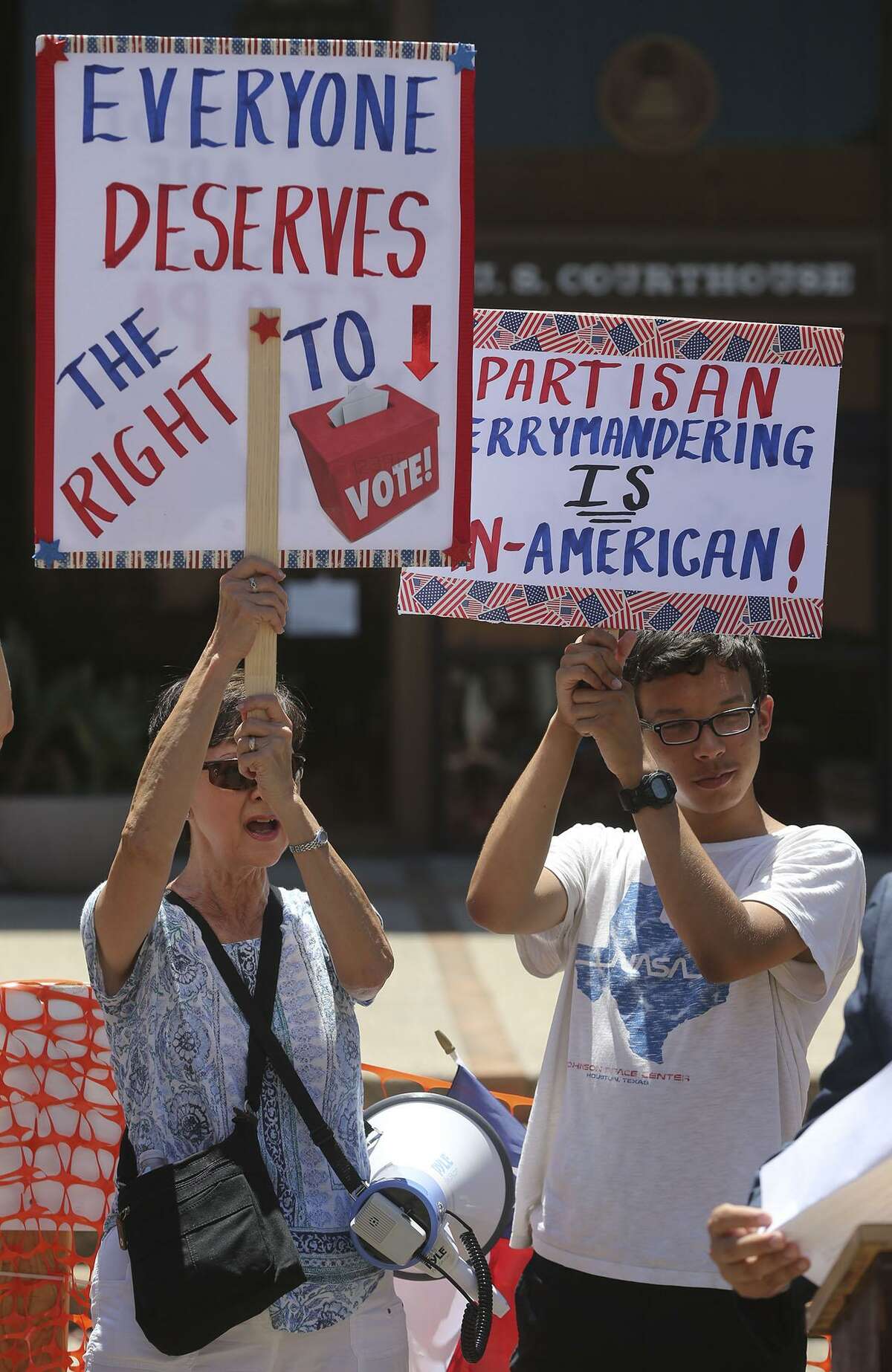 Protesters gather July 10 outside of the John H. Wood, Jr. Federal Courthouse during a demonstration about suppression of the minority vote due to the redrawing of districts. Judges have ruled Texas’ maps discriminatory and that’s now on appeal to the U.S. Supreme Court.