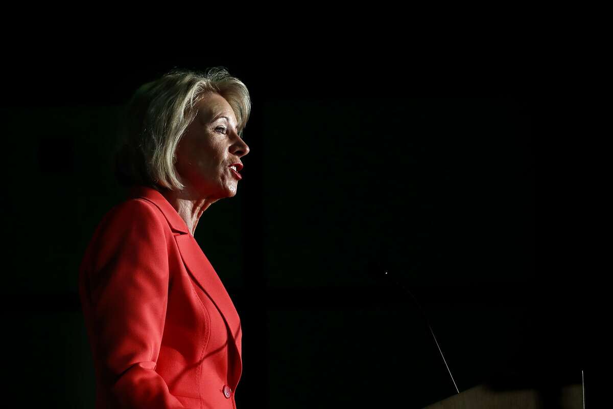 Education Secretary Betsy DeVos speaks Thursday, Sept. 7, 2017, at George Mason University Arlington, Va., campus. DeVos on declared that "the era of 'rule by letter' is over" as she announced plans to change the way colleges and university handle allegations of sexual violence on campus. (AP Photo/Jacquelyn Martin)