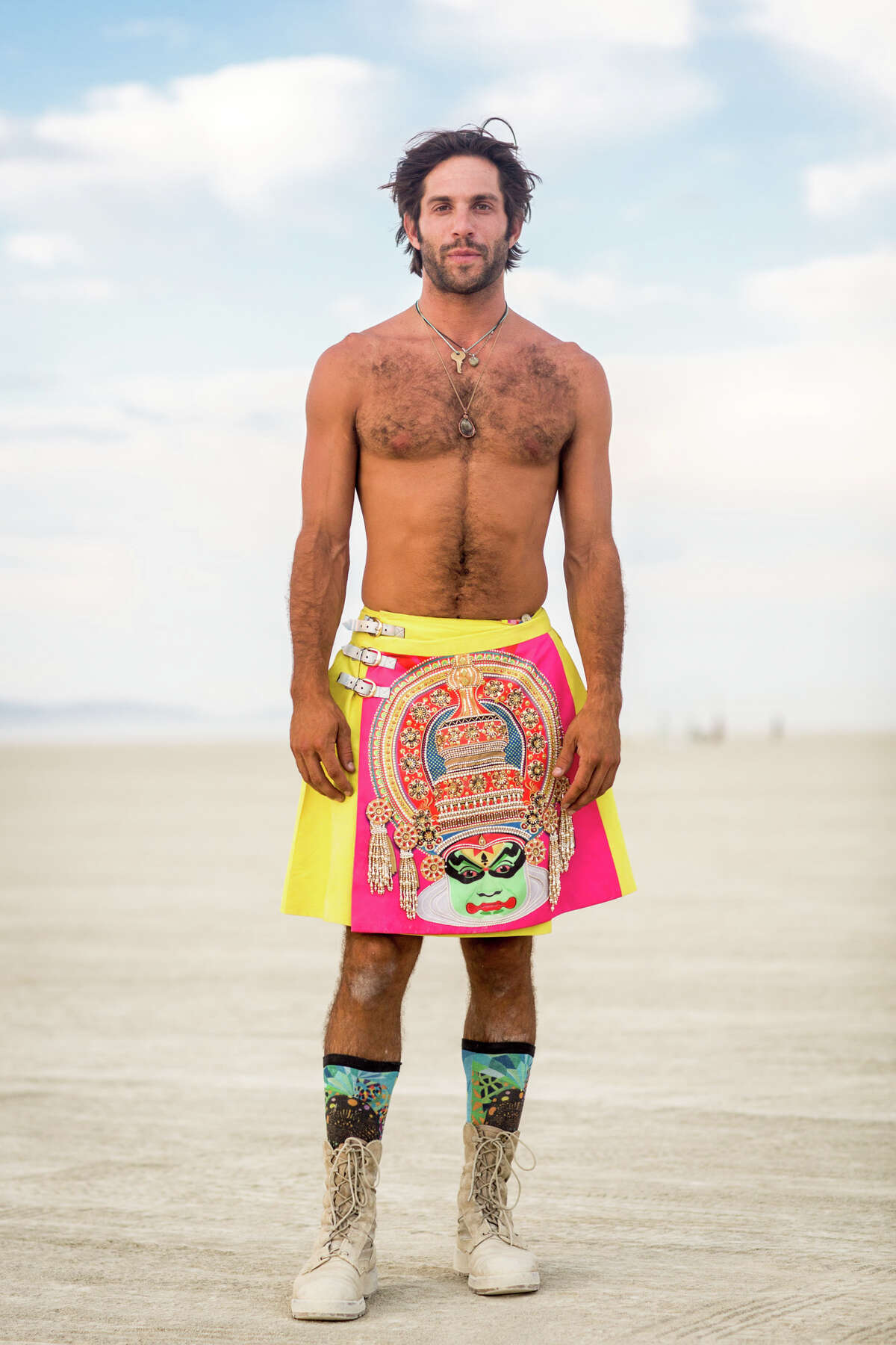 Alex Regenstreich from Venice Beach wearing a Manish Arora Kilt at Burning Man 2017.