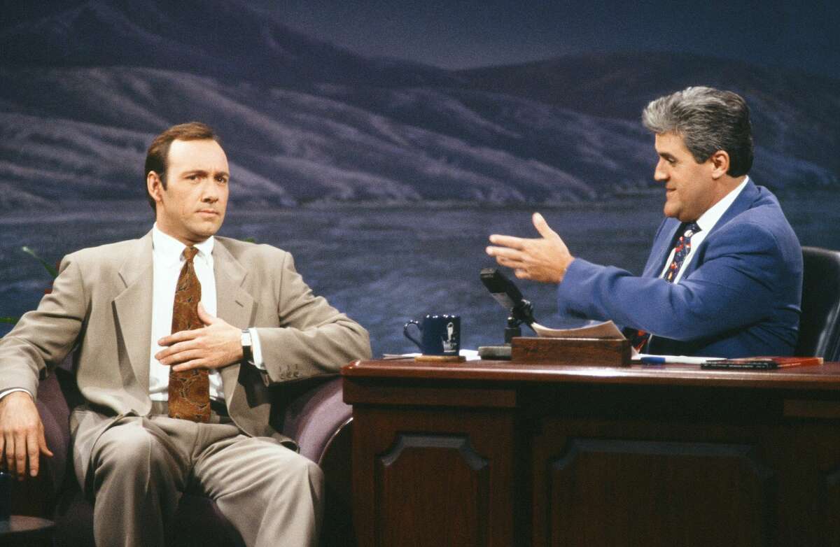 (Left to right) Actor Kevin Spacey during an interview with host Jay Leno on October 8, 1992 episode of the Tonight Show with Jay Leno.