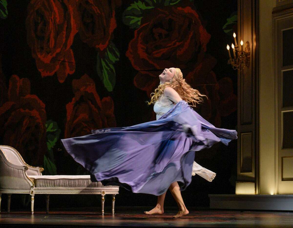 Soprano Nadja Michael swirls onstage as Lady Macbeth in OPERA San Antonio’s “Macbeth” by Giuseppe Verdi.
