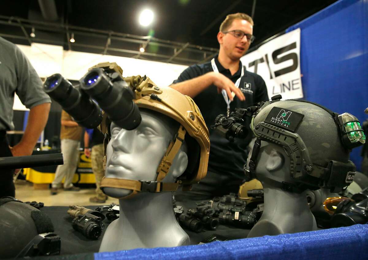 Vendor John McDonald displays his NightOps Tactical, Inc. night vision equipment during the first day of Urban Shield at the Alameda County Fairgrounds in Pleasanton, Ca., on Fri. September 8, 2017.