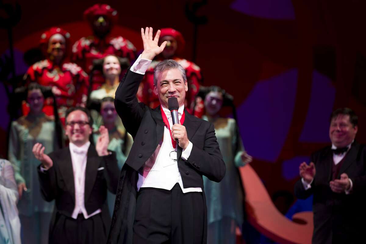 Conductor Nicola Luisotti gets a round of applause following the end of Turandot at the War Memorial Opera House during the Opera Ball on Friday, Sept. 8, 2017, in San Francisco, Calif.