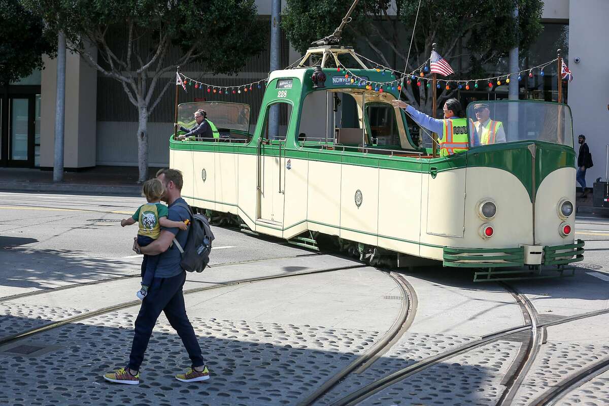 The Boat Tram, a 1934 boat tram from Blackpool, England, takes to the tracks during the Muni Heritage Weekend on Saturday, September 9, 2017 in San Francisco, Calif.