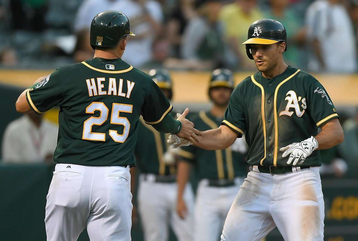 OAKLAND, CA - SEPTEMBER 09: Matt Olson #28 and Ryon Healy #25 of the Oakland Athletics celebrates after Olson hit a two-run homer against the Houston Astros in the bottom of the six inning of the second game in a double header at Oakland Alameda Coliseum on September 9, 2017 in Oakland, California. (Photo by Thearon W. Henderson/Getty Images)