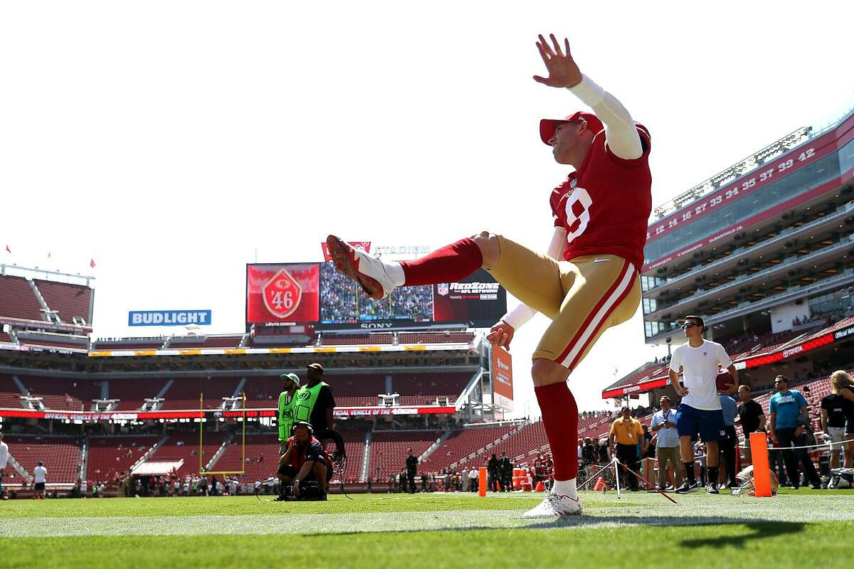 San Francisco 49ers' kicker Robbie Gould warms up before Niners play Carolina Panthers in NFL game at Levi's Stadium in Santa Clara, Calif., on Sunday, September 10, 2017.