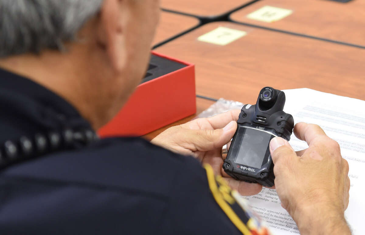 Laredo Independent School District officers undergo training on September 8, 2017 at the LISD Technology Center, for new body cameras to be worn while on patrol.