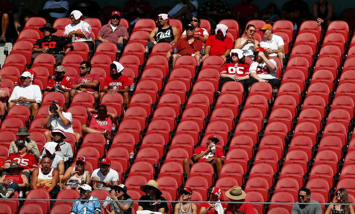 San Francisco 49ers' fans watch game from the east side of Levi's Stadium during 2nd half of 23-3 loss to Carolina Panthers during NFL game in Santa Clara, Calif., on Sunday, September 10, 2017.