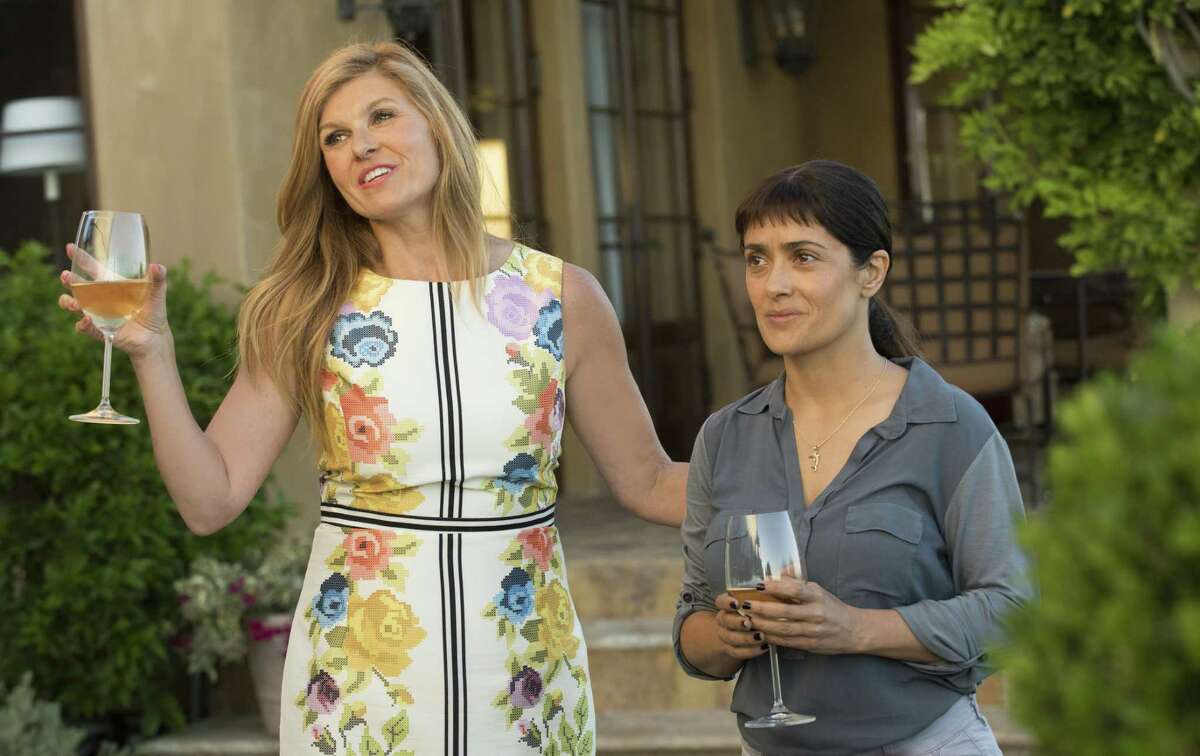 Connie Britton (left) and Salma Hayek won’t be smiling for long in “Beatriz at Dinner.”