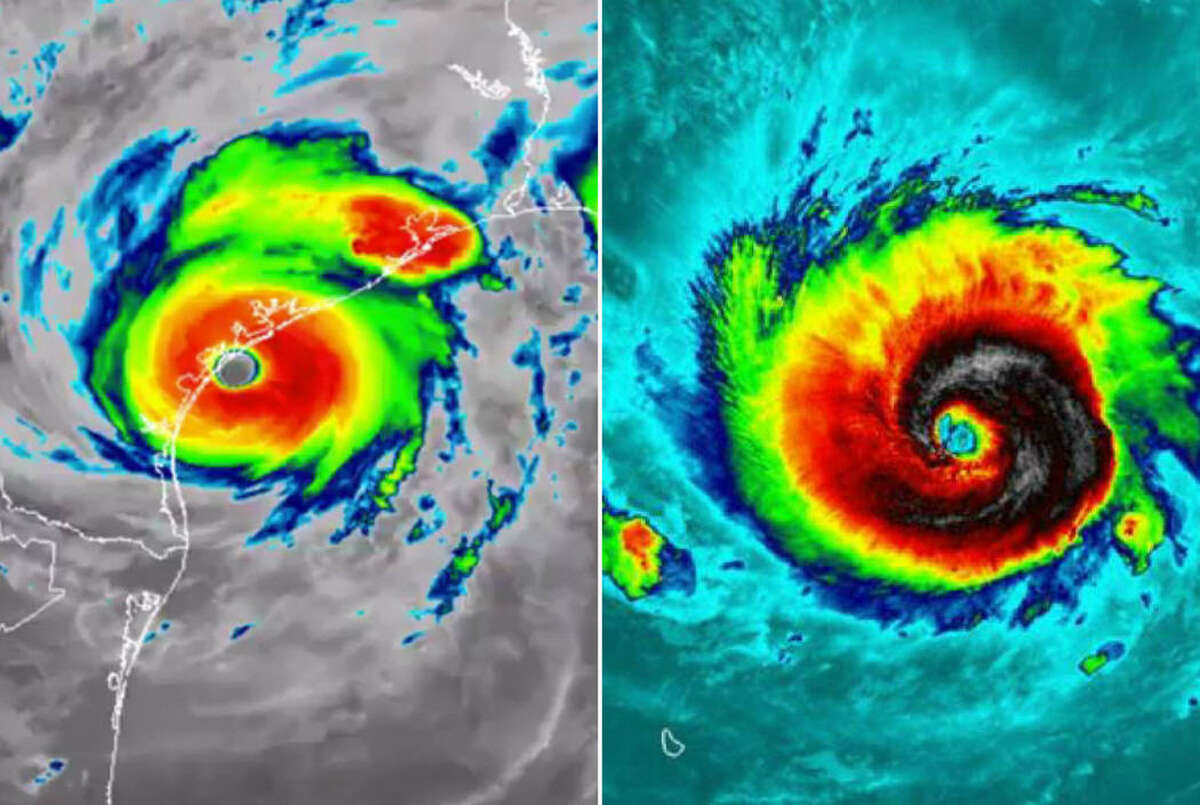 Using thermal images of Harvey taken on Aug. 25, 2017 (left) and Irma taken on Sept. 5, 2017 (right), by NASA-NOAA's Suomi NPP satellite to show the systems' storm swirl at their strongest and online mapping tool MAPfrappe, we imagined what Category 4 Harvey and Category 5 Irma would look like in other areas of the United States.