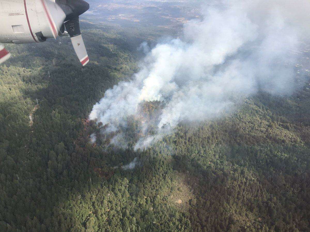 The Skeggs Fire near Woodside is seen from an aircraft on Tuesday morning, Sept. 12, 2017.