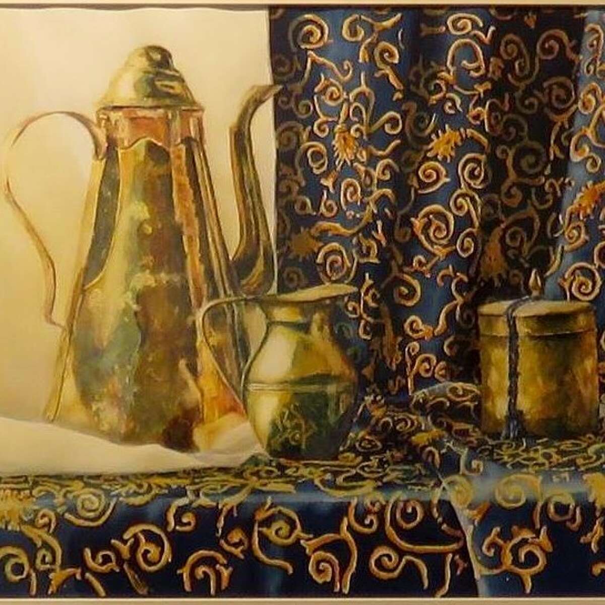A watercolor painting titled "Belgian Coffee Pot" by Terri Baehr Harris, whose work will be featured in a show titled "Orange Obsession" at the Central Market Fine Art Gallery in downtown Conroe throughout the month of October.