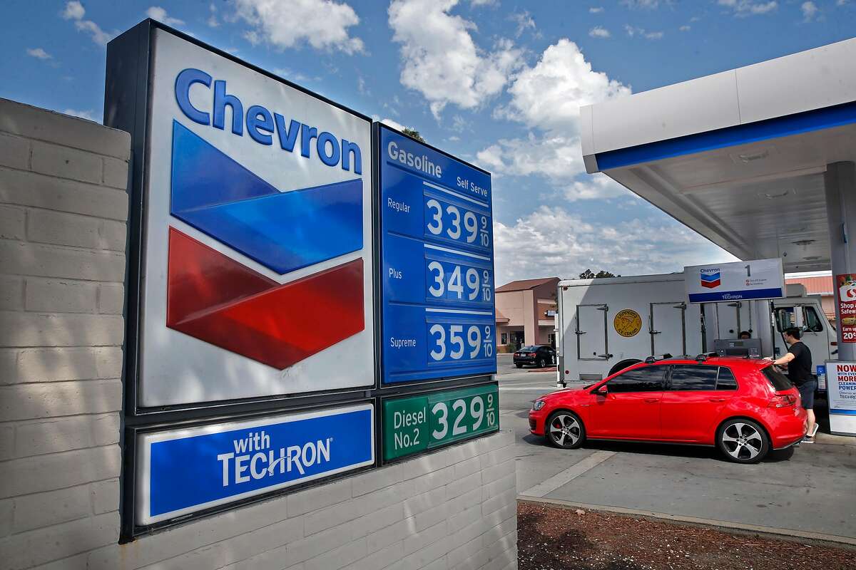 Vehicles refuel at a Chevron station in Point Richmond, Ca. on Tuesday September 12, 2017. A new study is laying blame for the warming of the planet on 90 companies, with Chevron and Exxon squarely at the top of the list.
