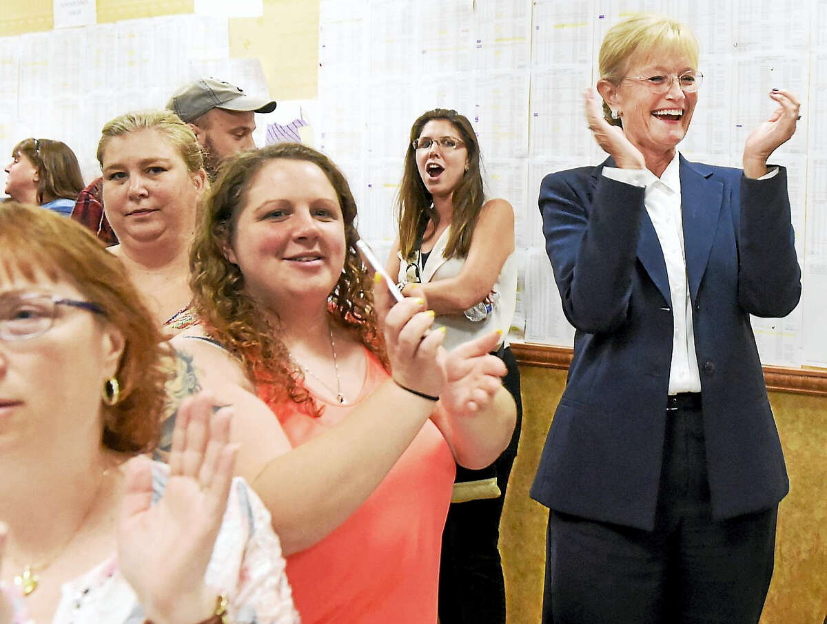 Nancy Rossi, right, celebrates at her campaign headquarters Tuesday night after she defeated incumbent West Haven Mayor Ed O’Brien during the Democratic primary.