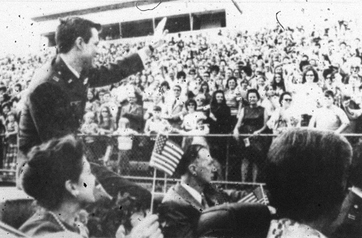A celebration held in Conroe at the Conroe football stadium in March 1973 when Vietnam prisoner of war Capt. James Ray returned home. He was held captive from May 1966 through February 1973. A parade and large celebration welcomed him back to Conroe in March 1973.