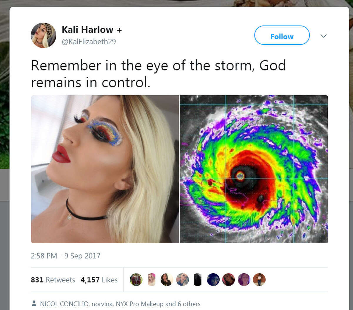 Makeup artist Kali Harlow posted the photo of her Irma-inspired eye on Saturday right when the storm was hitting Florida. Swipe through to see photos of the destruction caused in Florida. 
