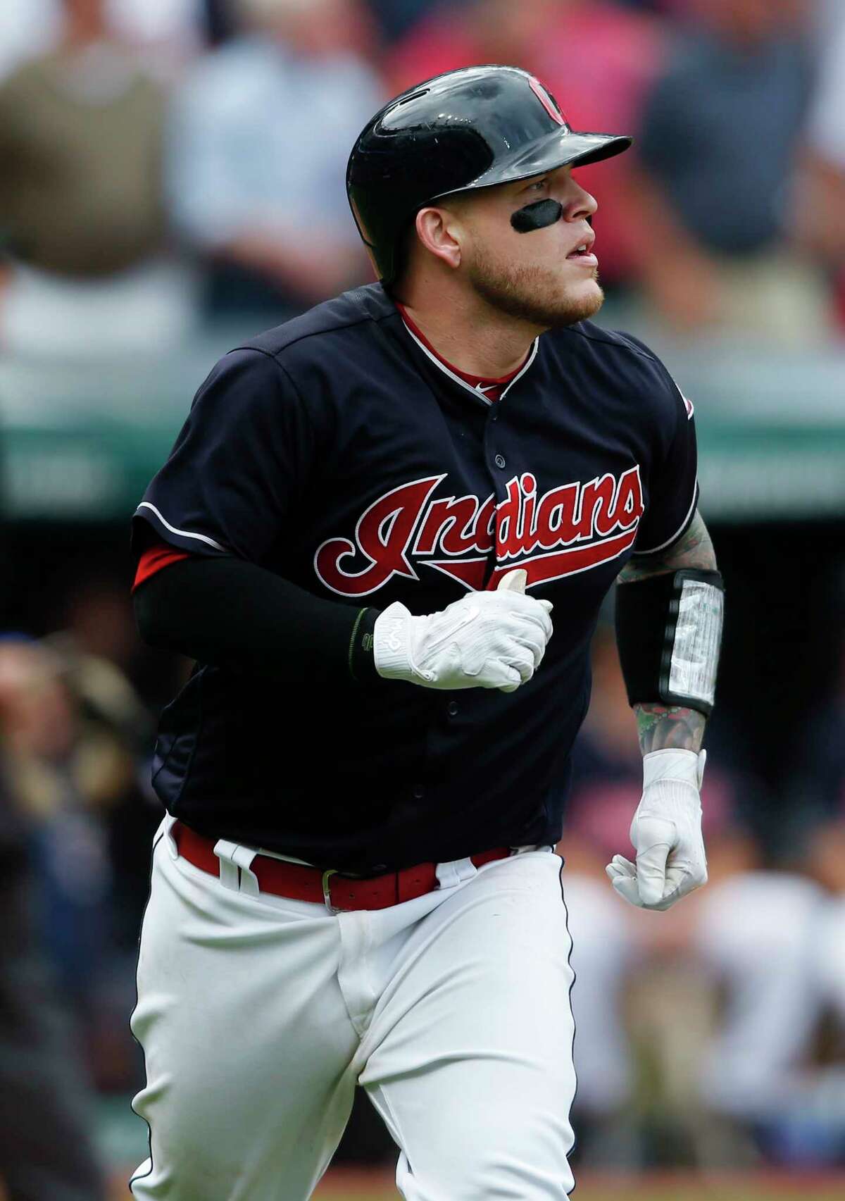 Cleveland Indians' Roberto Perez rounds the bases after hitting a solo home run off Detroit Tigers relief pitcher Daniel Norris during the seventh inning in a baseball game, Wednesday, Sept. 13, 2017, in Cleveland.