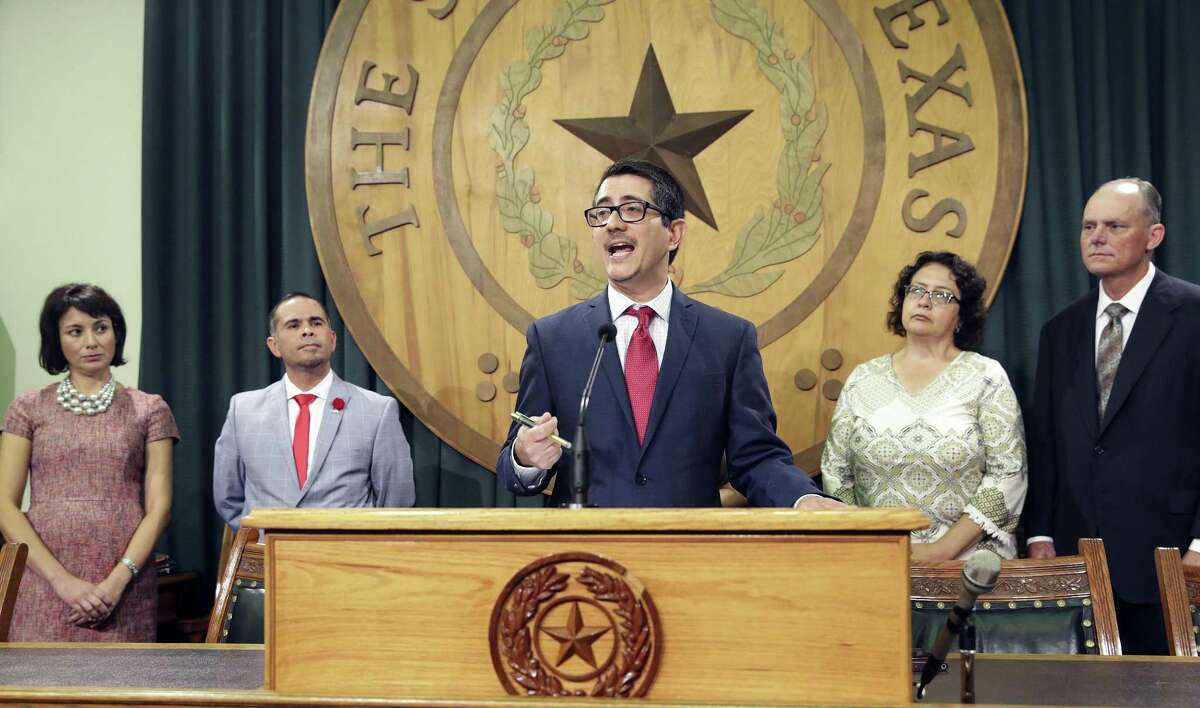 Jose Garza, representing the Workers Defense Action Fund, makes comments as members of the Mexican American Legislative Caucus speak at the Capitol stating their views of recent governmental action regarding DACA and SB4 in Texas on September 13, 2017.