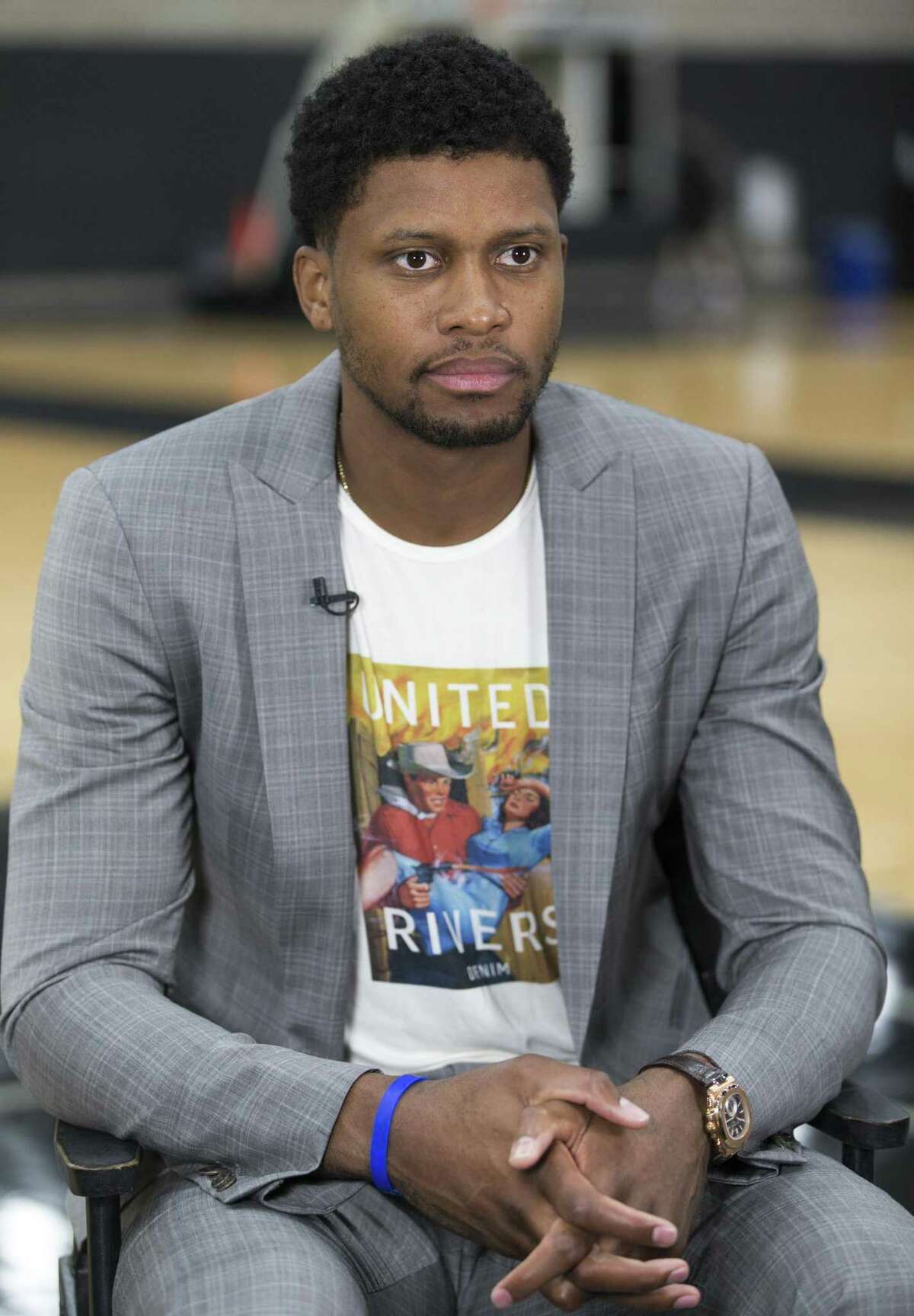 News Spurs player Rudy Gay speaks Wednesday, Sept. 13, 2017 to the media at the Spurs' practice facility.