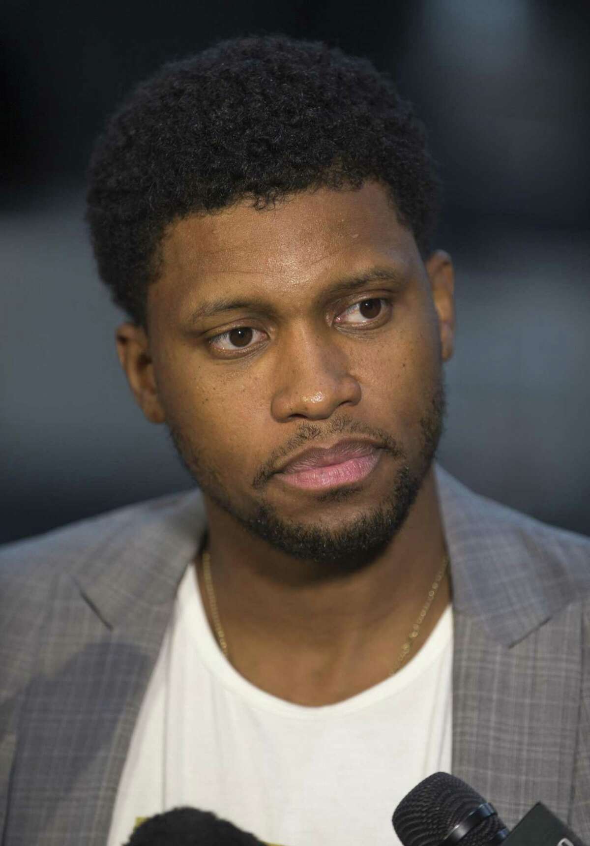News Spurs player Rudy Gay speaks Sept. 13, 2017 to the media at the Spurs’ practice facility.
