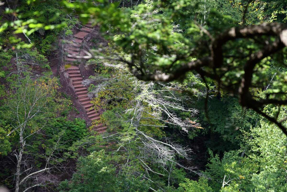 A view of the 200-step stone staircase that leads down to the base of Kaaterskill Falls on Wednesday, Sept. 13, 2017, in Hunter, N.Y. The staircase was created by a professional trail crew from the Adirondack Mountain Club. (Paul Buckowski / Times Union)